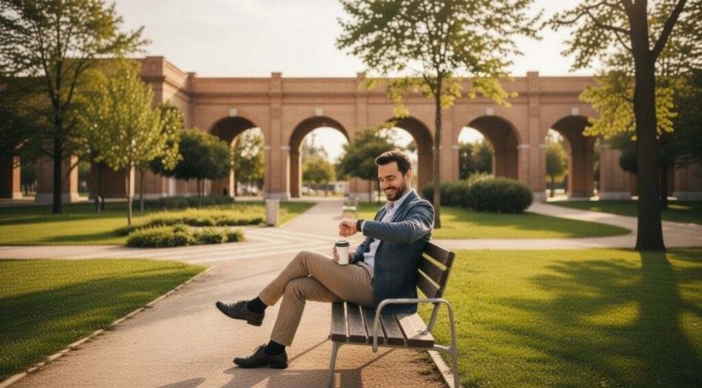 Esperando el tren sin maletas en el parque central